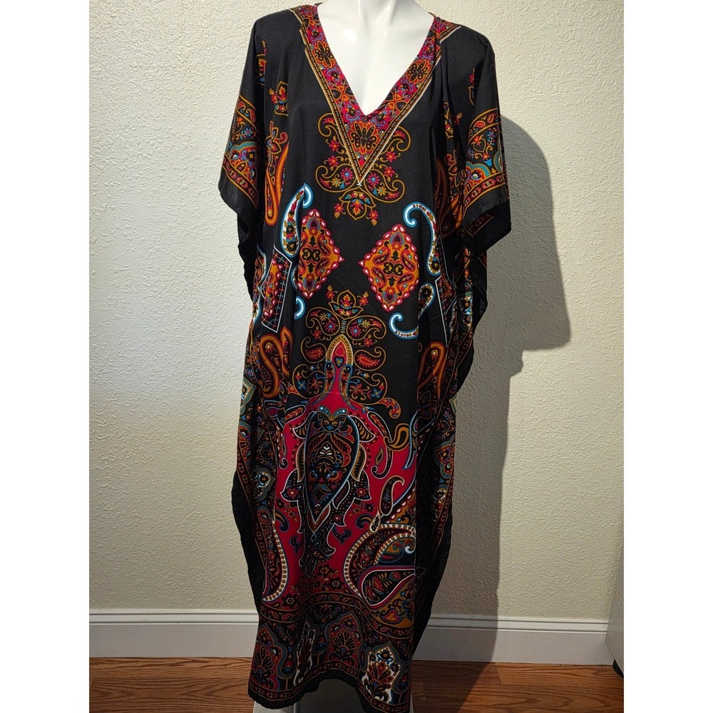 Miss‎ Lavish London Kaftan Dress Womens 14-18 Black Paisley Maxi Lounger Pockets